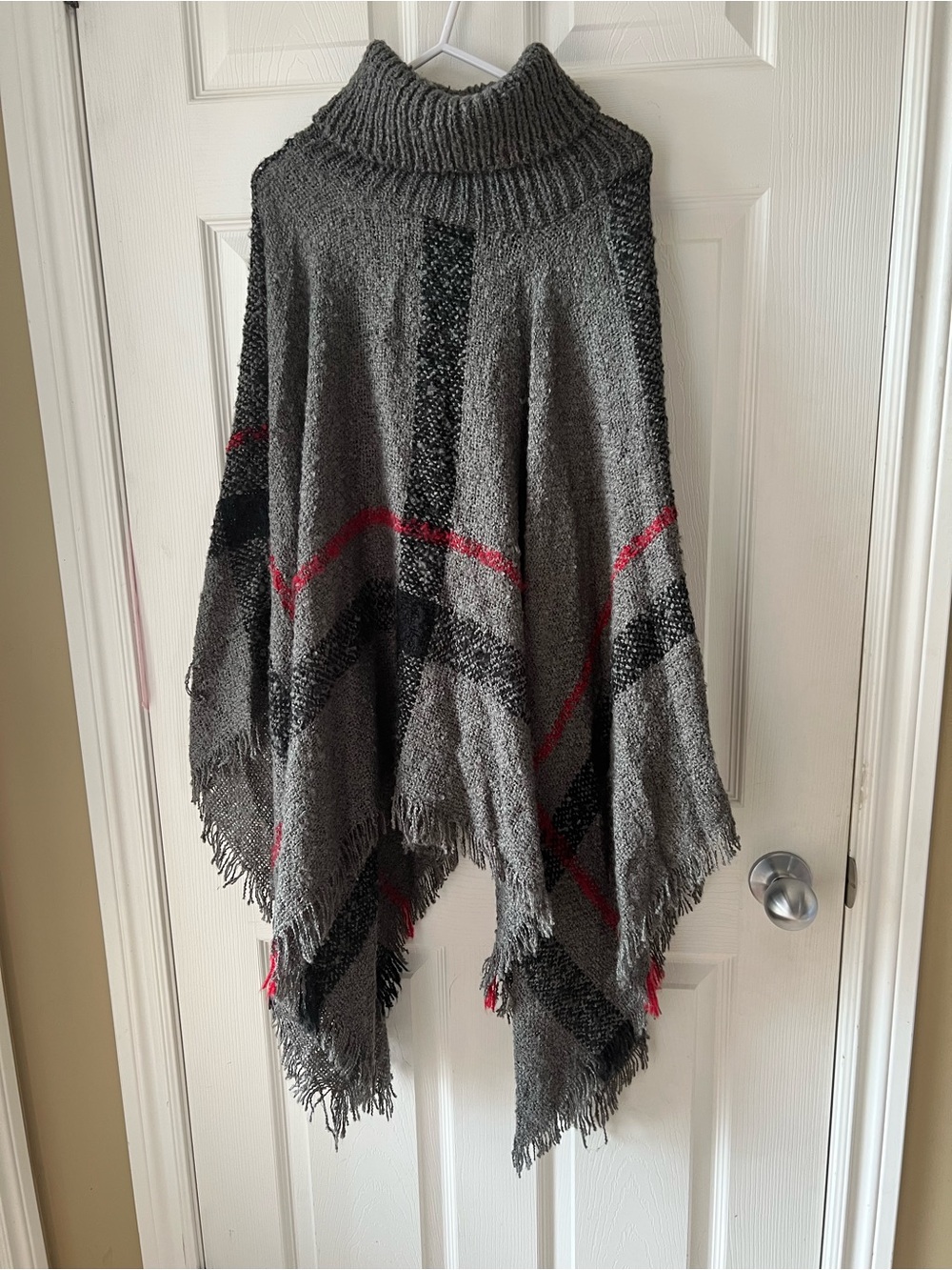 Cozy Gray Plaid Turtleneck Poncho Sweater